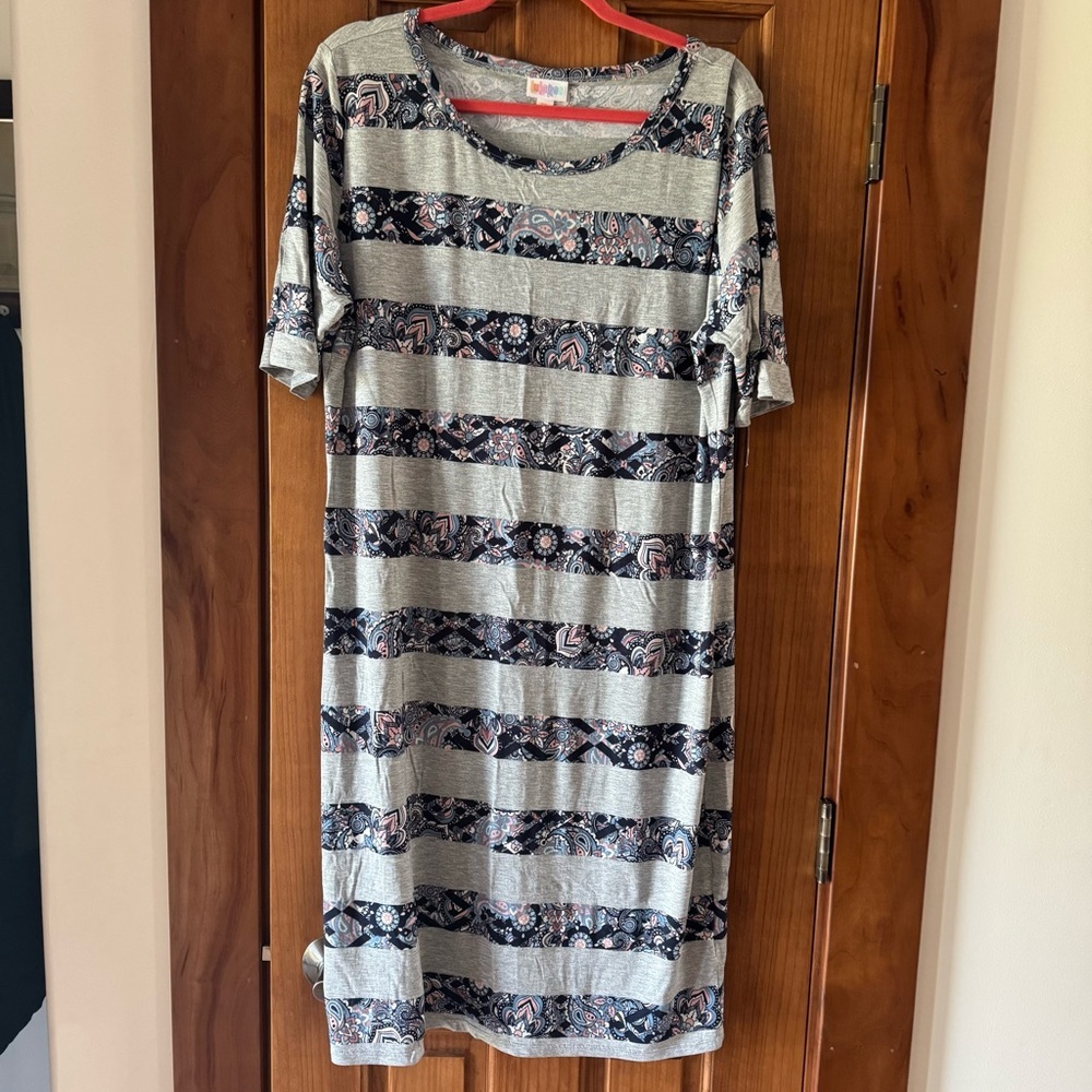 LulaRoe Julia Dress Women’s 3XL Gray Pink Navy Paisley Block Striped Midi